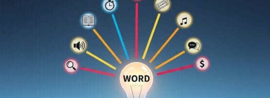 WORD」と書かれた電球と、時間、カレンダー、本、音、検索、お金、音楽、スピーチ、チャットなど、さまざまな概念を表す9つのアイコンが色付きの線で結ばれている。.
