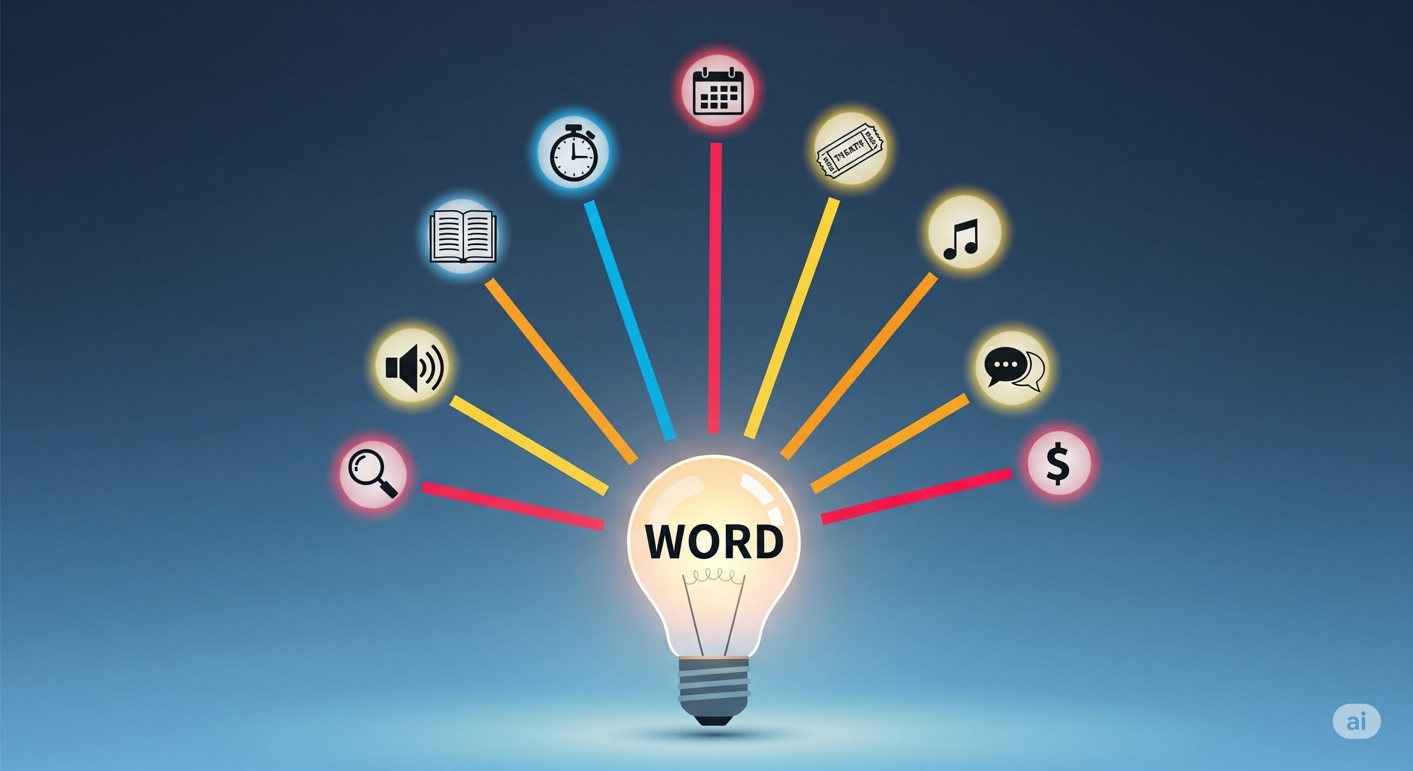 WORD」と書かれた電球と、時間、カレンダー、本、音、検索、お金、音楽、スピーチ、チャットなど、さまざまな概念を表す9つのアイコンが色付きの線で結ばれている。.