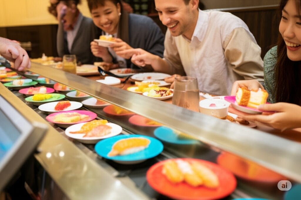 回転寿司屋に座って、さまざまな寿司の皿を選び、一緒に食事を楽しむ人々。.