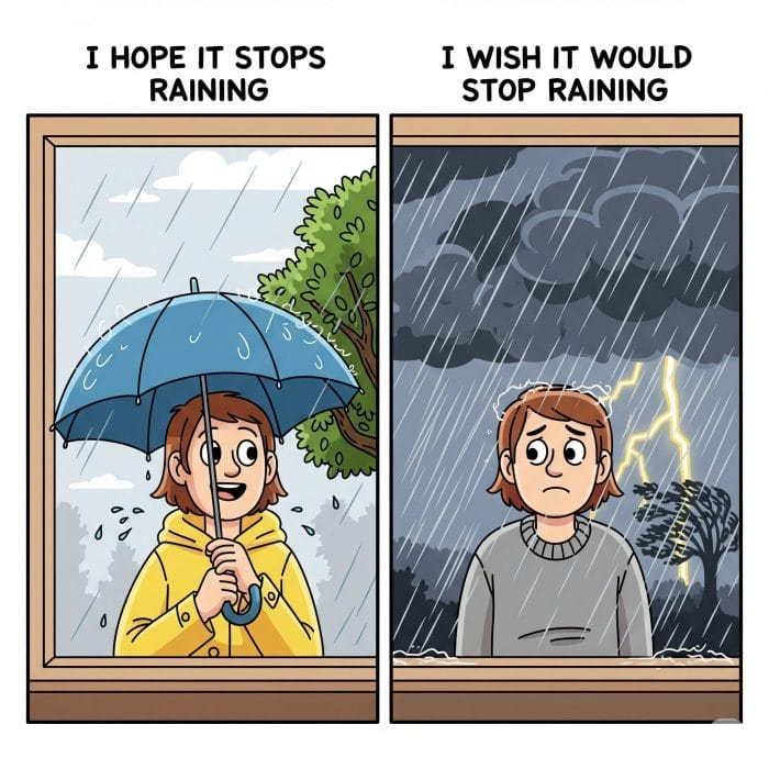 左に小雨の中傘をさす人(Hope)、右に土砂降りで悲しむ人(Wish)の対比イラスト。