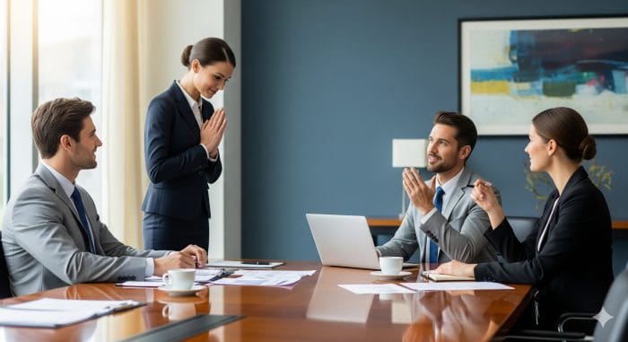 ビジネスミーティング中に一人が丁寧に席を外そうとしている場面