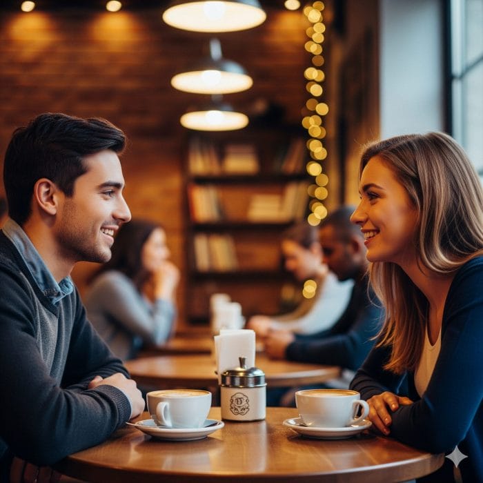カフェで楽しそうに会話する若いカップル