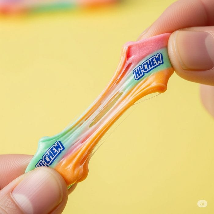 ハイチュウが指の間で伸ばされ、その柔らかくチューイーな質感が分かるクローズアップ写真