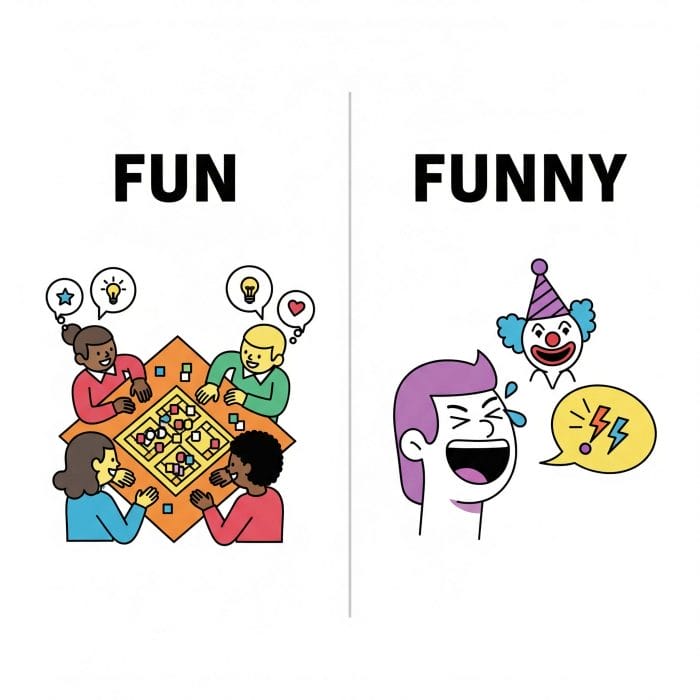 「FUN」と書かれたボードゲームのアイコンと、「FUNNY」と書かれたピエロのアイコンを比較したインフォグラフィック