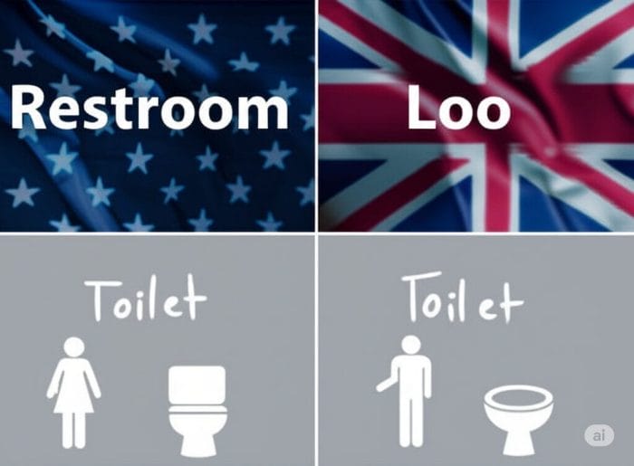 アメリカ国旗とイギリス国旗を背景に、それぞれの国で使われる「トイレ」の英単語を比較したインフォグラフィック