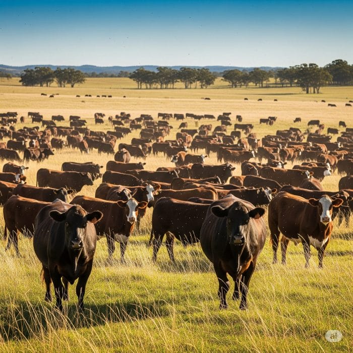 広大なオーストラリアの牧草地で草を食む牛の群れ。この牛のフンがハエ大量発生の原因となった。