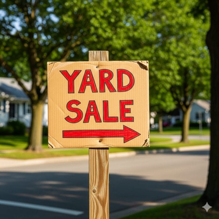 街角に立てられた手作りのヤードセール看板