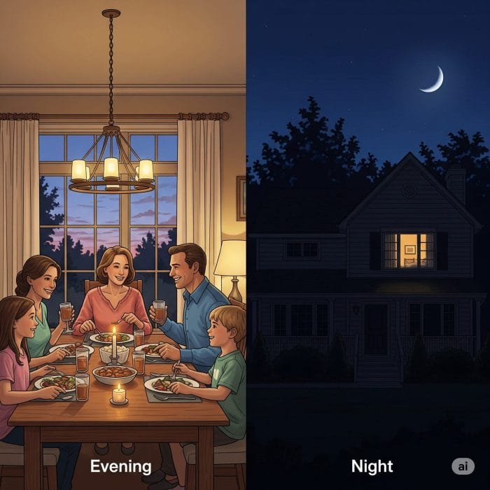 左に「Evening」として家族で夕食を食べる風景、右に「Night」として暗い家と月が描かれたイラスト。