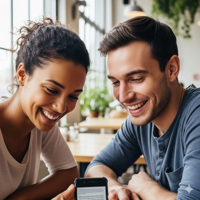 カフェでカジュアルに会話を楽しむカップルの写真