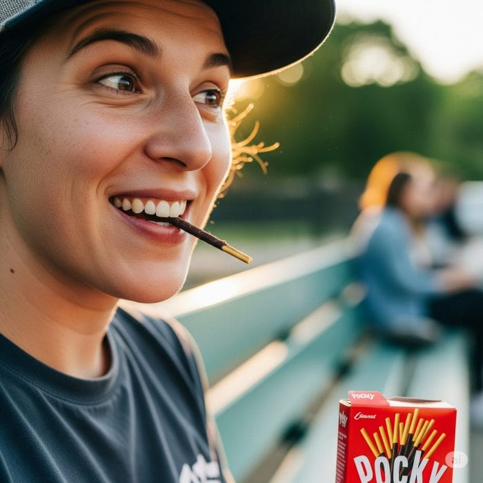 晴れた日に、外国人が満面の笑みでポッキーを食べている楽しそうな写真