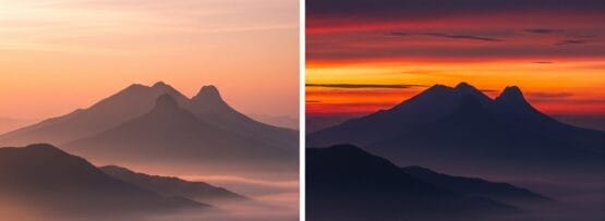 山々と霧に覆われた渓谷を並べた画像。左は柔らかなオレンジ色の夜明けの空、右は深い紫色の夕暮れの空。.