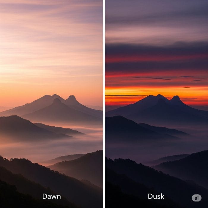 左に夜明け(Dawn)の風景、右に夕暮れ(Dusk)の風景を並べた写真。