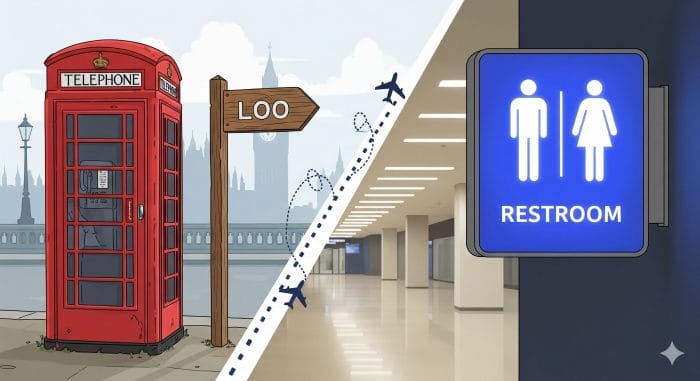 イギリスの赤い電話ボックスとアメリカのトイレサインを並べたイラスト