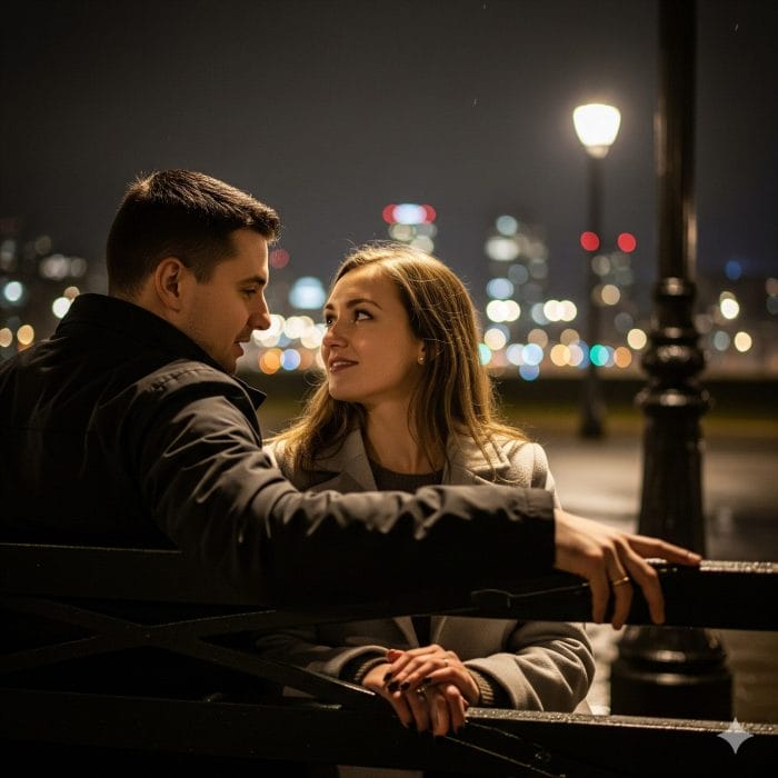夜景の見えるベンチで真剣に話すカップル