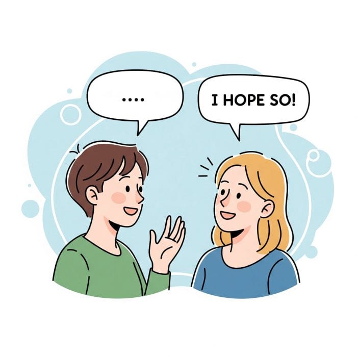 「I hope so!」という吹き出しと共に、笑顔で頷く人物のイラスト。