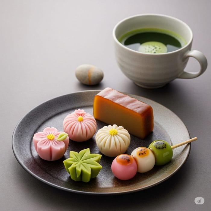 お皿に美しく盛り付けられた練り切りや団子などの和菓子と、抹茶のセット