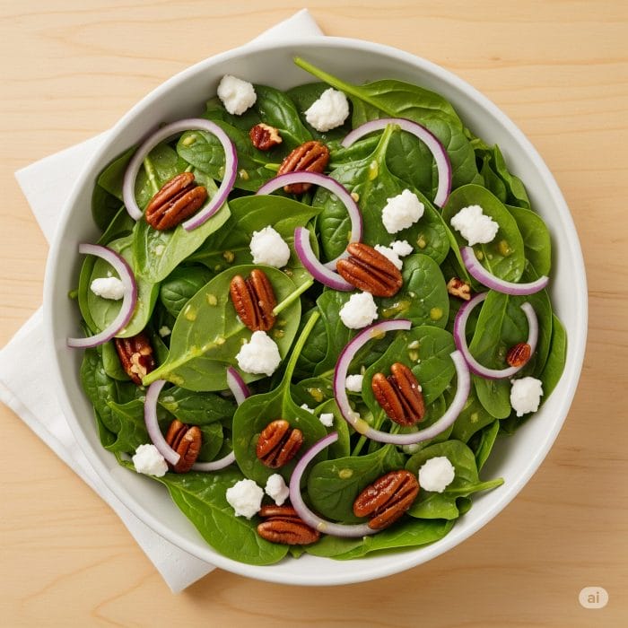 ベビーほうれん草、イチゴ、ナッツ、チーズが入った、上から撮影されたフレッシュなサラダボウル