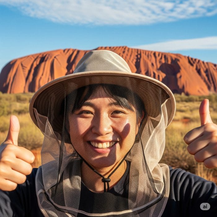 ウルルの壮大な景色を背景に、ハエよけネット付きの帽子をかぶって笑顔でポーズをとる日本人観光客。