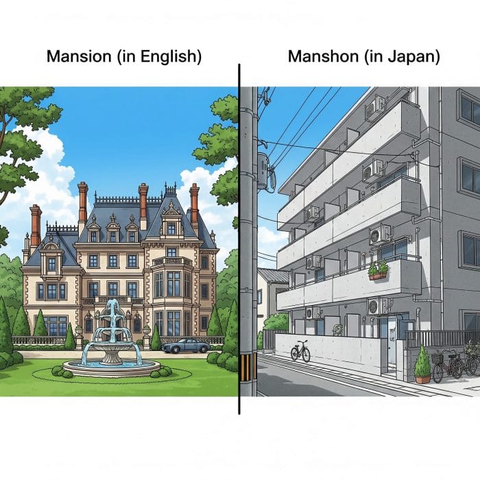左に「Mansion」と書かれた豪華な大邸宅、右に「Manshon」と書かれた日本の一般的なマンションが並んだ比較イラスト。