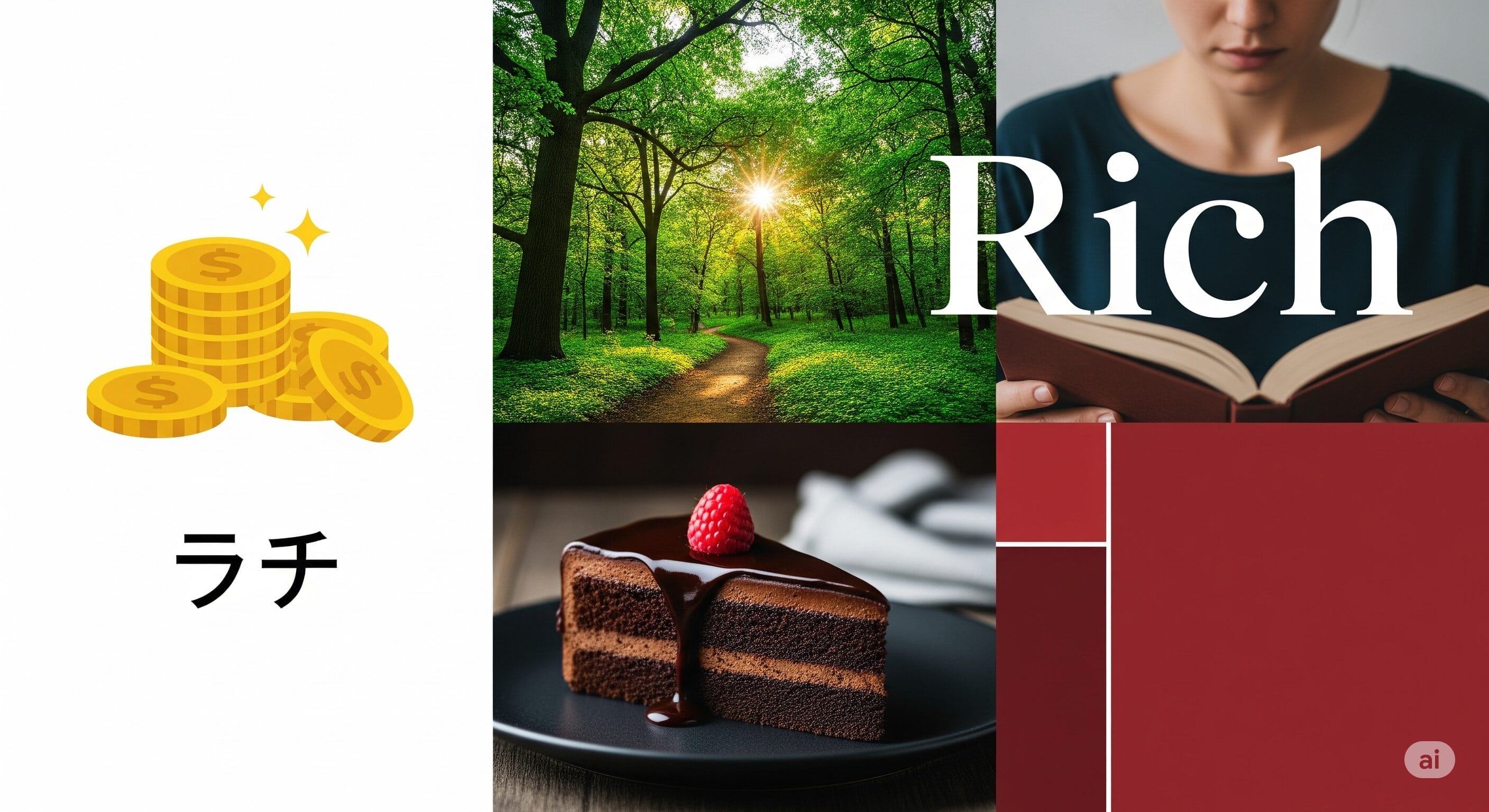 金貨と日本語の文字のコラージュ、陽光に照らされた森の小道、「リッチ」という文字とともに読書する女性、ラズベリー入りのチョコレートケーキのスライス、そして赤い幾何学模様。.