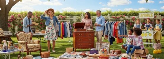 晴天の下、衣類、家具、おもちゃ、レモネード・スタンドなどが並ぶ屋外のヤード・セールで、人々は品物を見たり売ったりしている。.