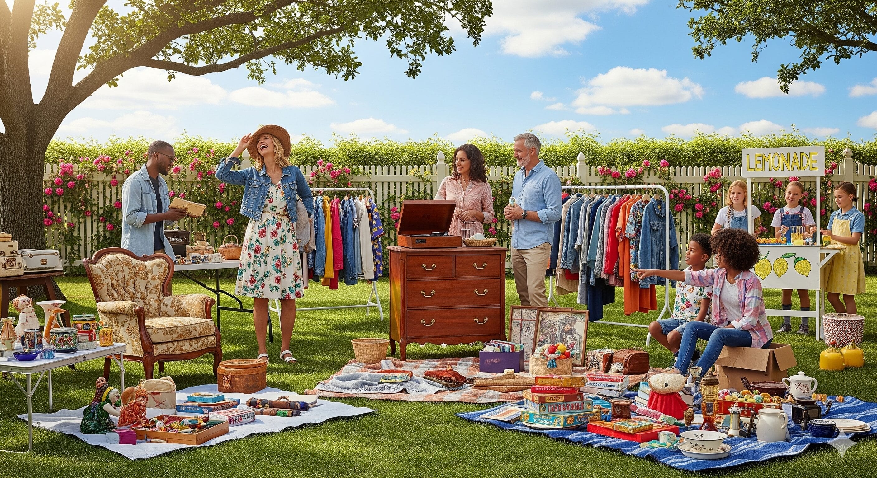 晴天の下、衣類、家具、おもちゃ、レモネード・スタンドなどが並ぶ屋外のヤード・セールで、人々は品物を見たり売ったりしている。.