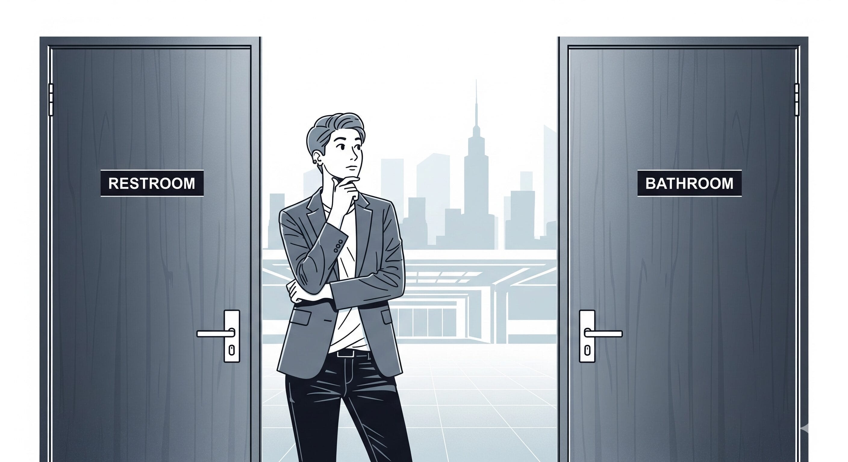 レストルーム」と「バスルーム」と書かれた2つのドアの間に人が立っている。.