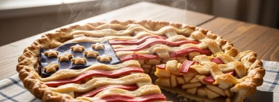 アメリカ国旗の模様で飾られた生地の焼きたてアップルパイが、一切れ欠けて市松模様の布の上に置かれている。温かいフィリングから湯気が立ち上っている。.