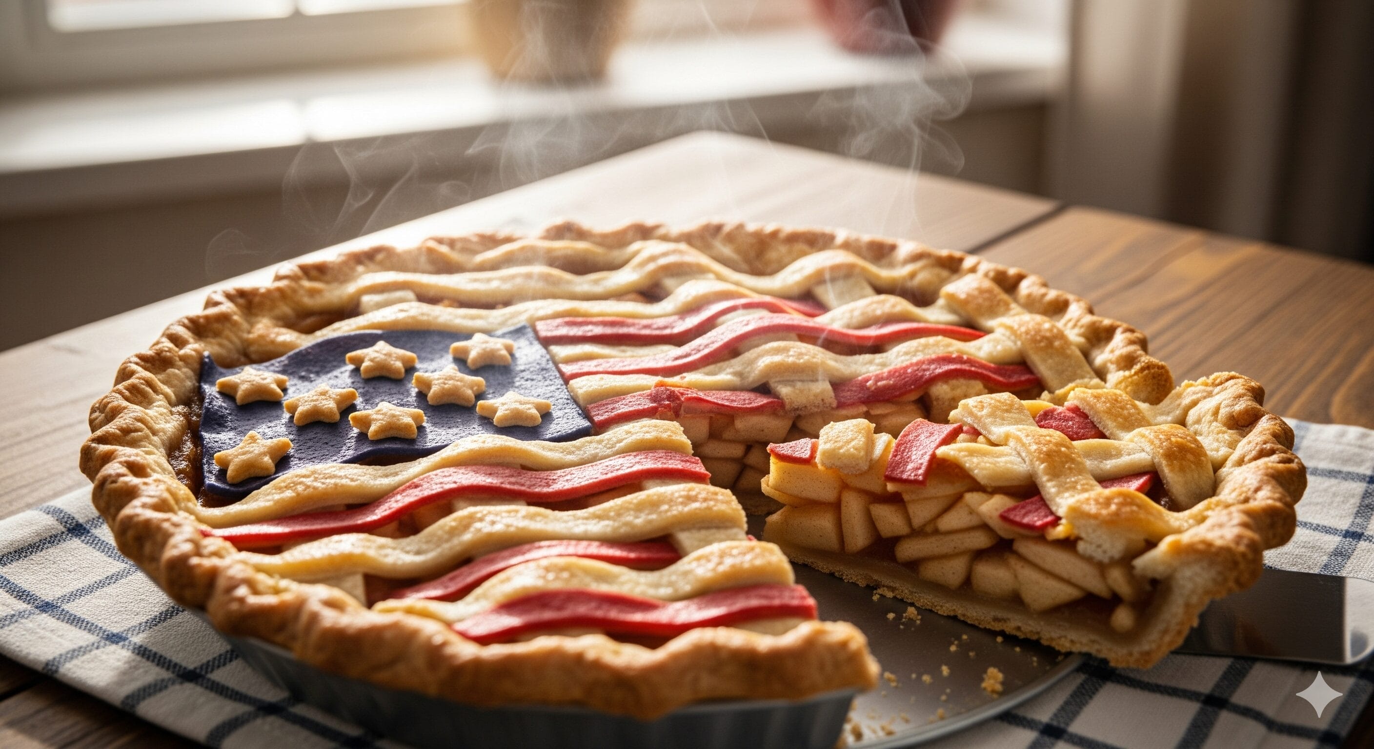 アメリカ国旗の模様で飾られた生地の焼きたてアップルパイが、一切れ欠けて市松模様の布の上に置かれている。温かいフィリングから湯気が立ち上っている。.