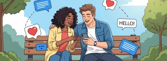 笑顔のカップルが公園のベンチに座り、ハートマークや「love」、「hello」などのイラストが描かれたチャットの泡に囲まれながら、携帯電話でメールをしている。.