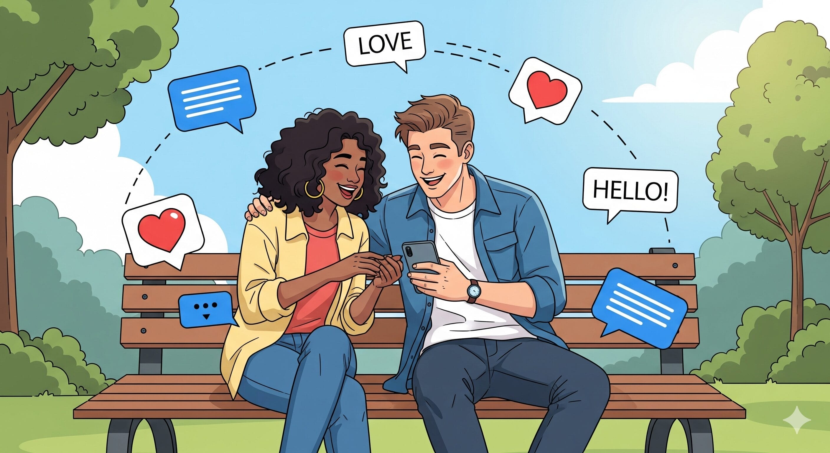 笑顔のカップルが公園のベンチに座り、ハートマークや「love」、「hello」などのイラストが描かれたチャットの泡に囲まれながら、携帯電話でメールをしている。.