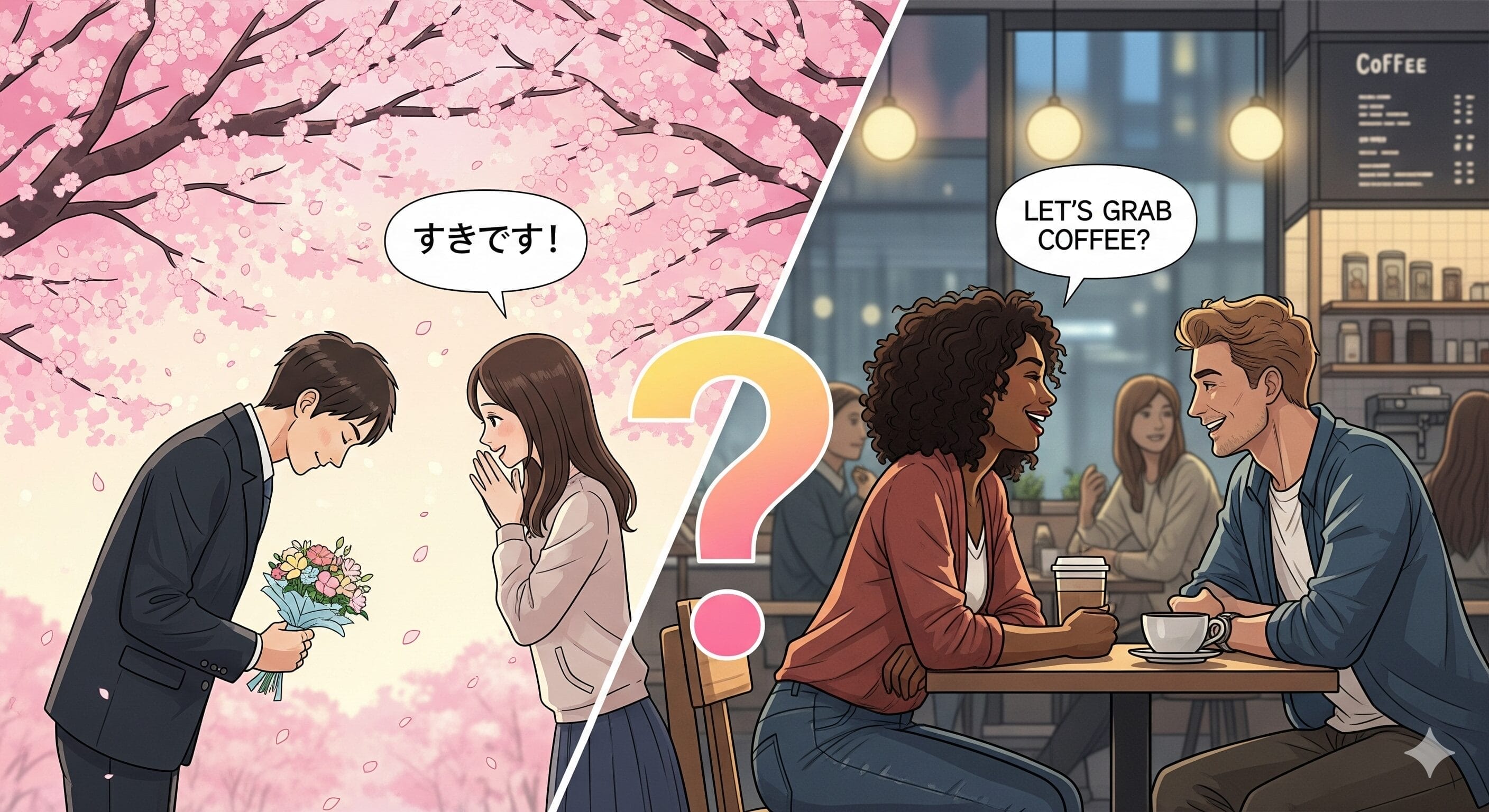 分割画像：左側は、桜の下で日本語のテキストとともに男性が女性に花束を渡している場面。右側は、コーヒーショップで2人が話している場面で、"LET'S GRAB COFFEE? "というテキストが添えられている。.