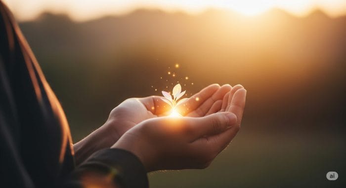 両手で優しく光る新芽を包み込んでいる画像。