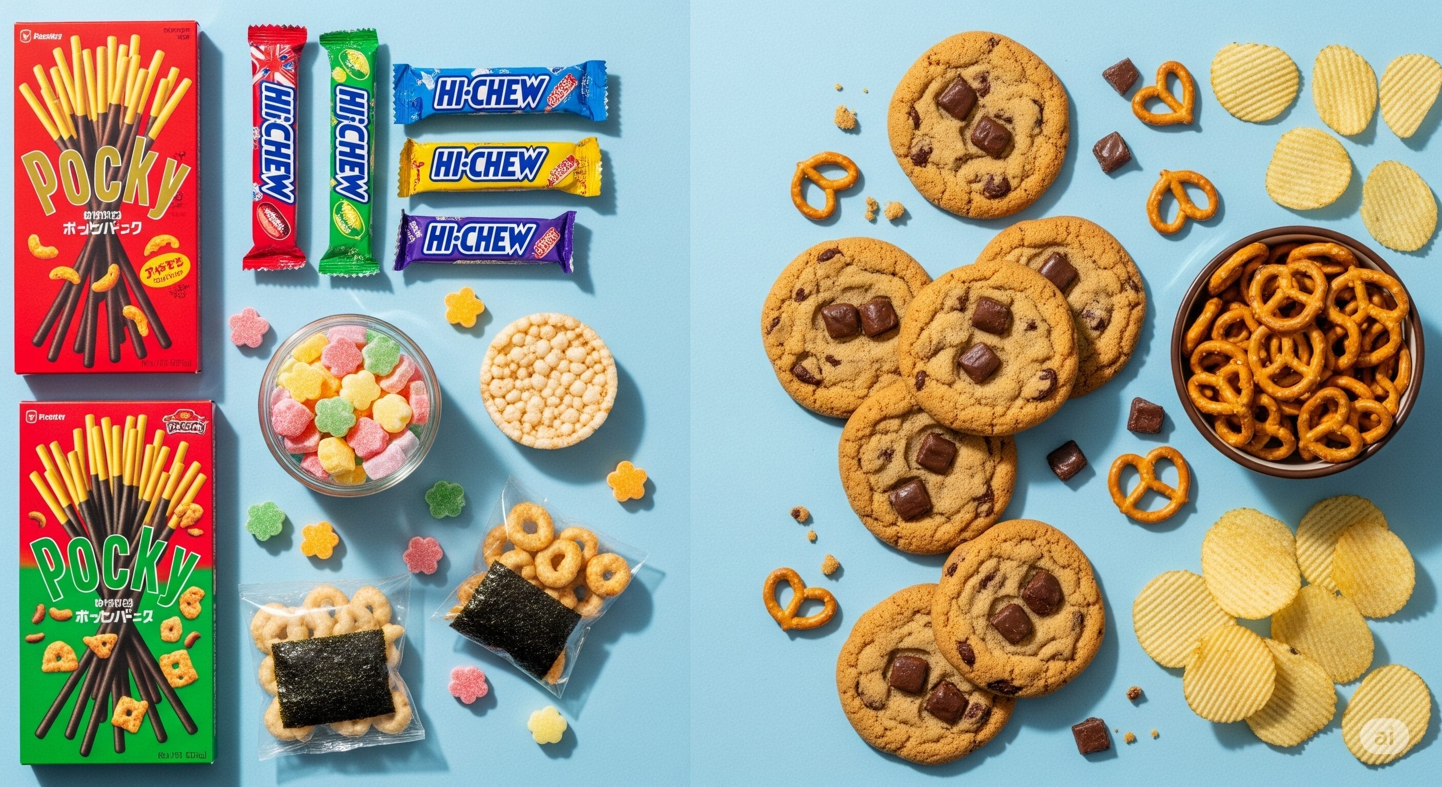 左側にポッキー、ハイチュウ、おせんべいなど、右側にチョコチップクッキー、プレッツェル、ポテトチップスなど、日本のお菓子の詰め合わせが青地に並べられている。.