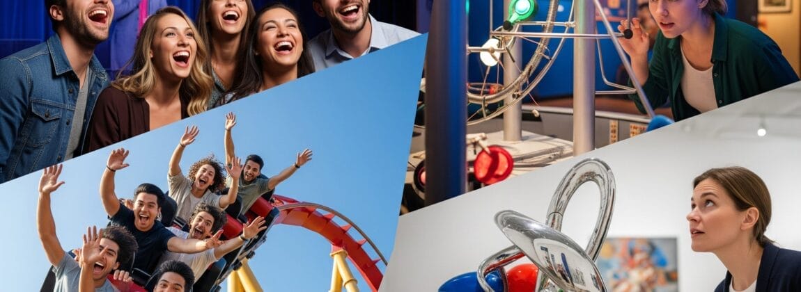 コラージュは、コメディショーを楽しむ人々、ジェットコースターに乗る人々、科学展示に触れる人々、ギャラリーで現代美術を鑑賞する人々を描いている。.