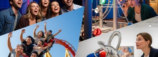 コラージュは、コメディショーを楽しむ人々、ジェットコースターに乗る人々、科学展示に触れる人々、ギャラリーで現代美術を鑑賞する人々を描いている。.