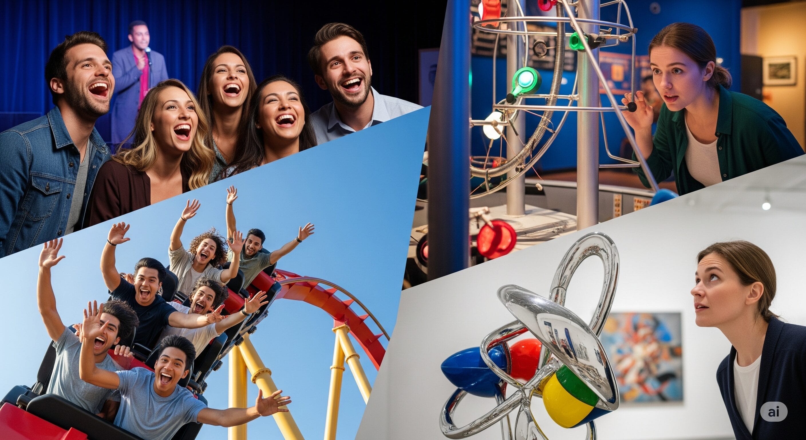 コラージュは、コメディショーを楽しむ人々、ジェットコースターに乗る人々、科学展示に触れる人々、ギャラリーで現代美術を鑑賞する人々を描いている。.