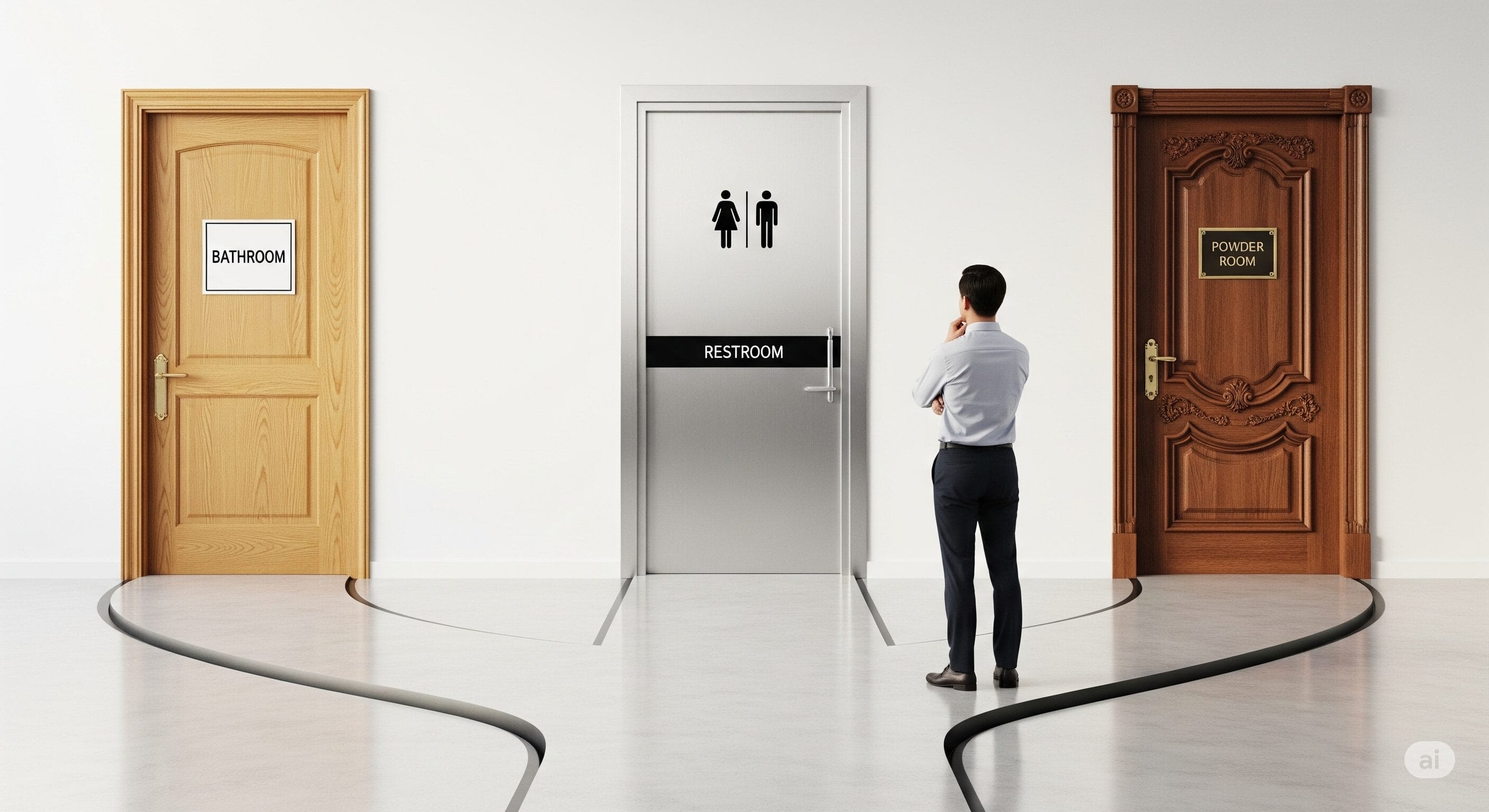 BATHROOM」「RESTROOM」「POWER ROOM」と書かれた3つのドアの前に立ち、どれに入ろうか迷っている様子の男。.