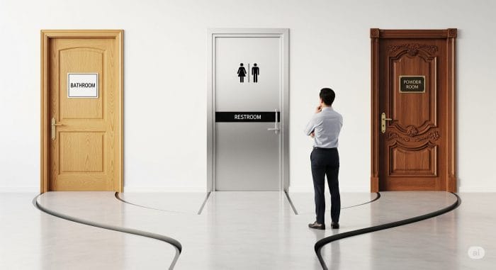 分岐路に立つ人物と、その先にあるBathroom, Restroom, Powder Roomと書かれた3つの異なるドア