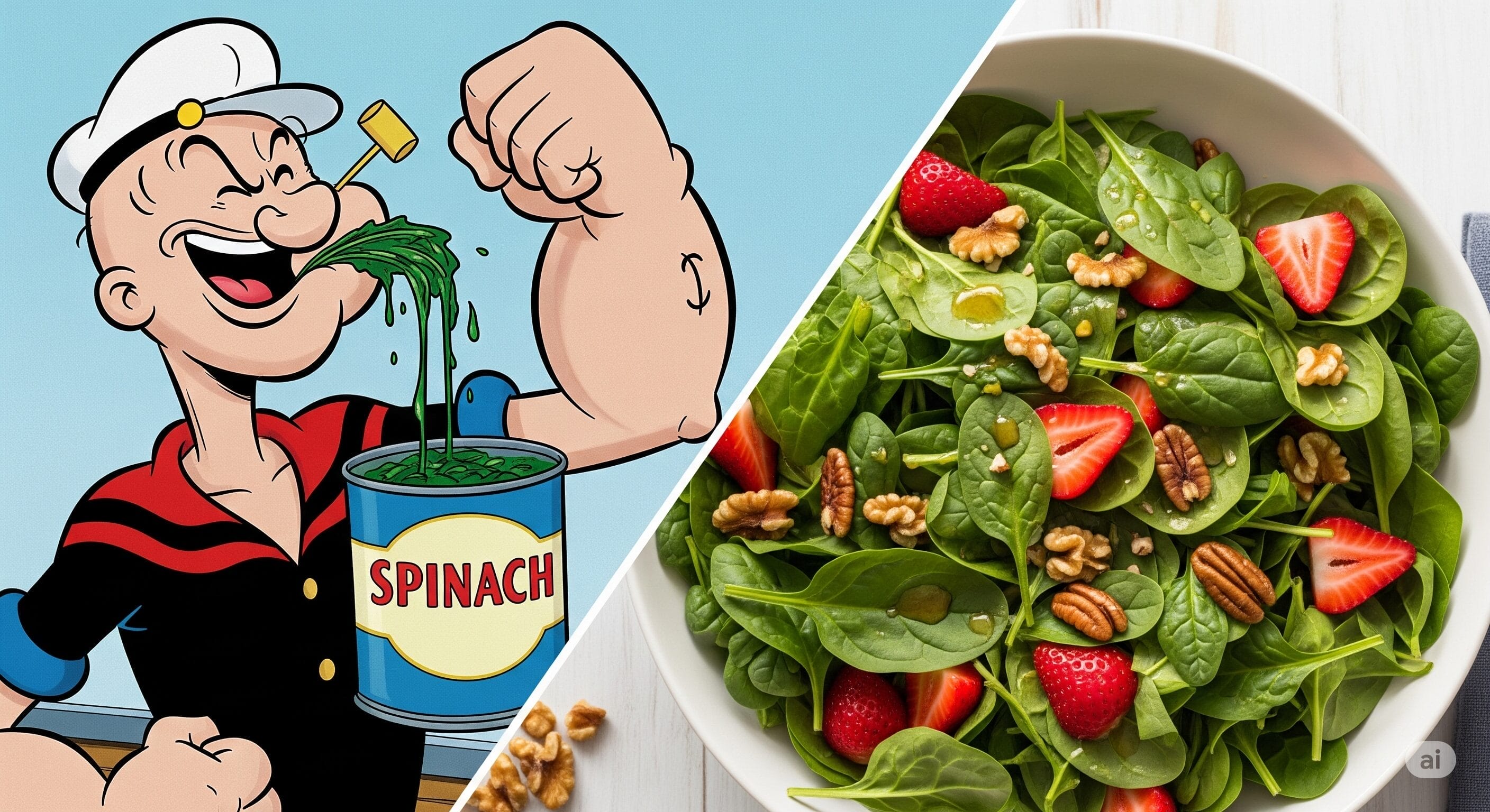 ポパイが缶詰のほうれん草を食べている漫画と、白いボウルに入ったイチゴとクルミ入りのほうれん草サラダの写真。.