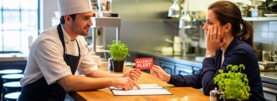 レストランの厨房で、シェフと女性がカウンターに座り、「アレルギー警告」カードについて話し合っている。.