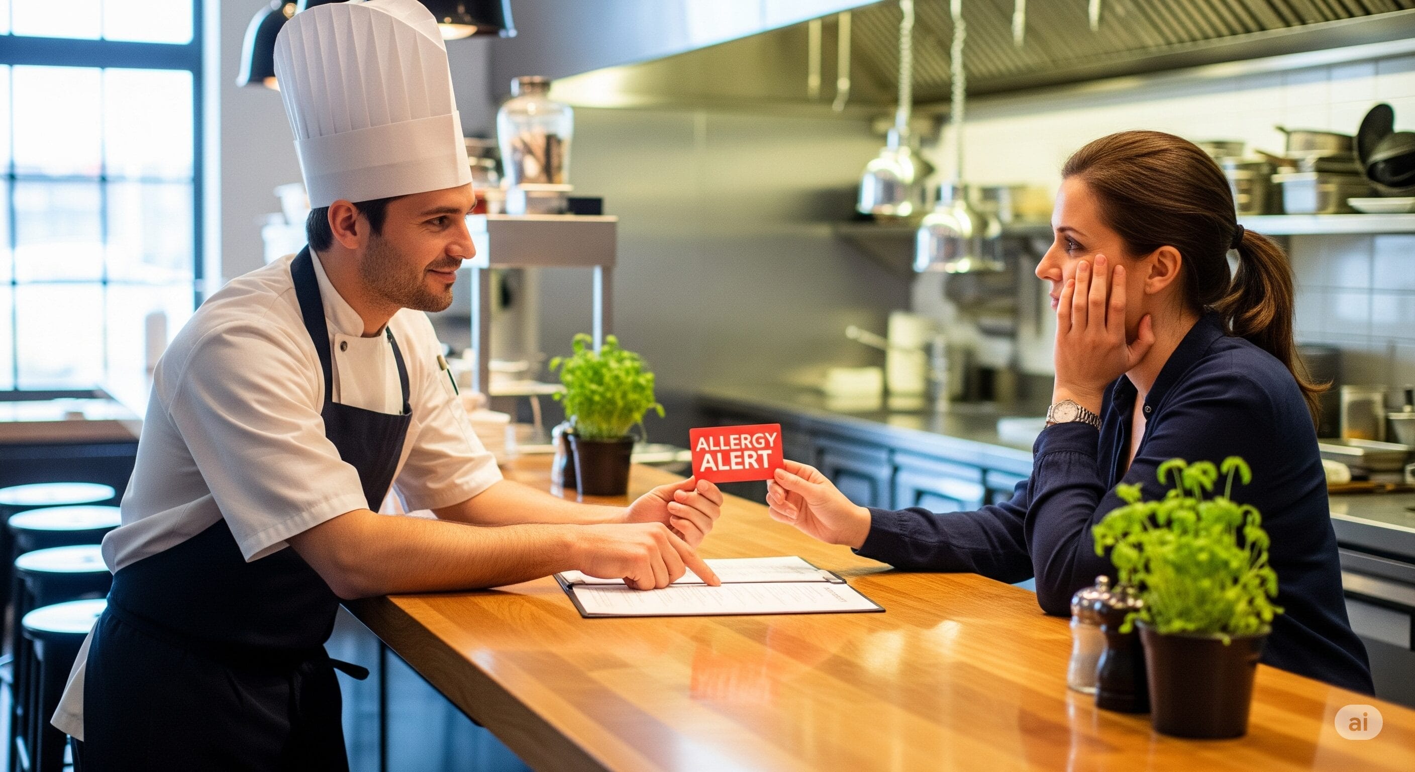 レストランの厨房で、シェフと女性がカウンターに座り、「アレルギー警告」カードについて話し合っている。.