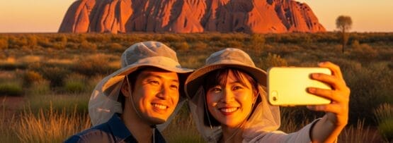 夕暮れ時、大きな赤い砂岩の地層を背景に、日よけの帽子をかぶった2人が屋外で自撮りをしている。.
