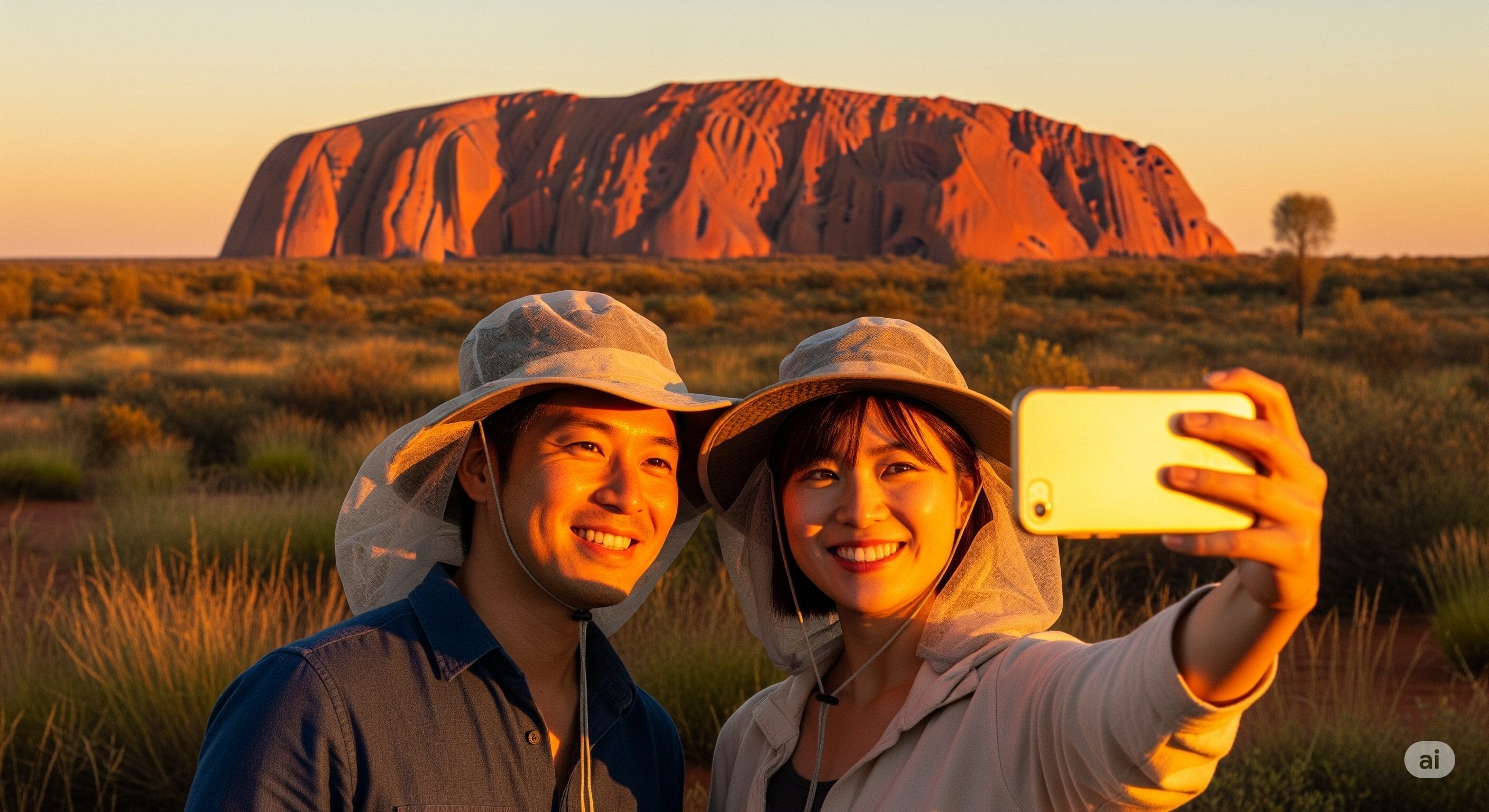 夕暮れ時、大きな赤い砂岩の地層を背景に、日よけの帽子をかぶった2人が屋外で自撮りをしている。.