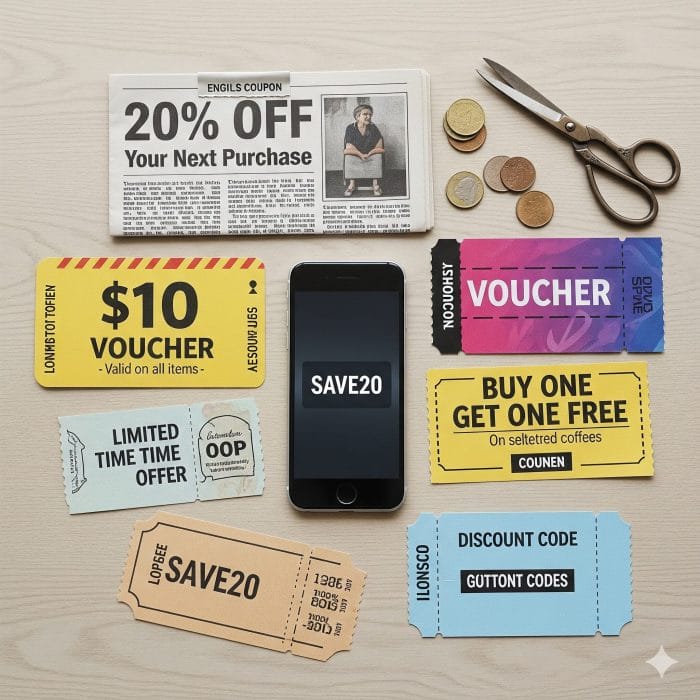 様々な英語のクーポン券がコラージュされた画像
