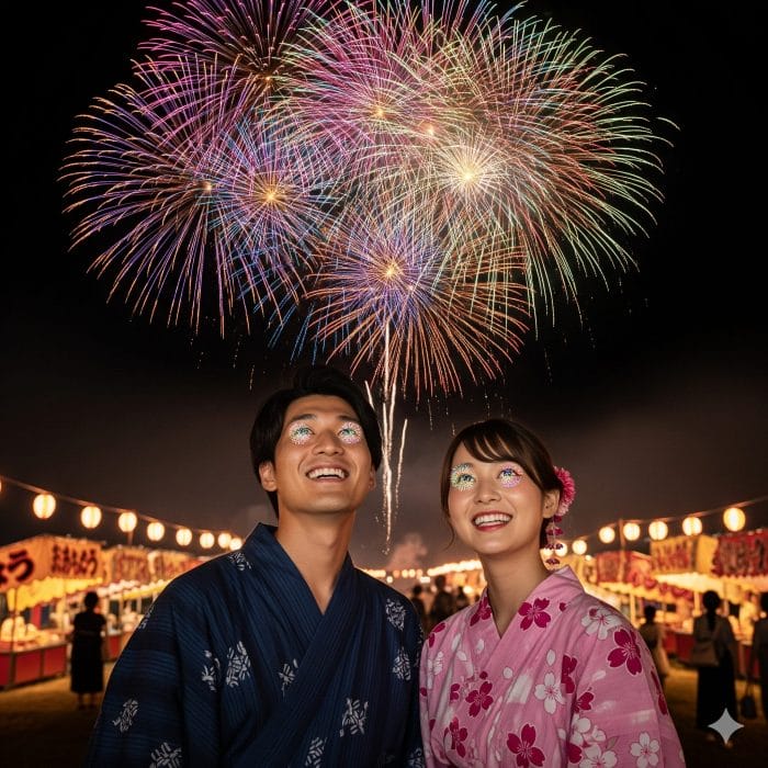 浴衣を着たカップルが夜空に打ちあがる花火を見上げている