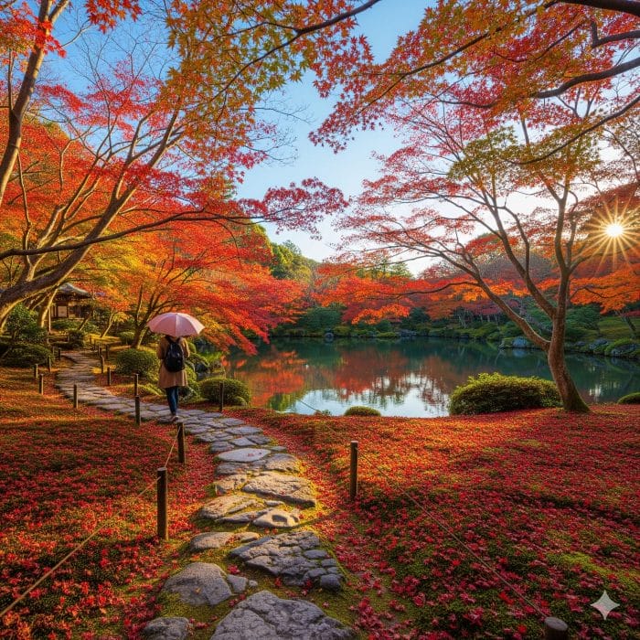 紅葉で赤く染まった京都の寺院の庭園