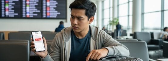 空港のラウンジでスーツケースを持ち、飛行機の遅延通知を表示する携帯電話を見せる男性。.