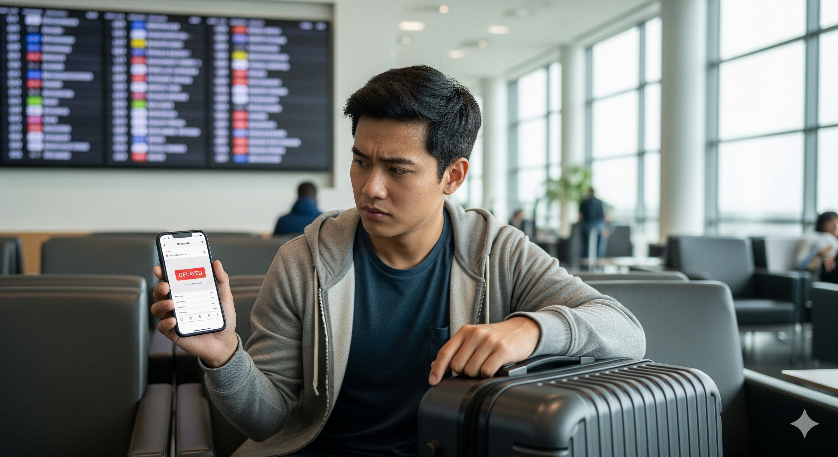 空港のラウンジでスーツケースを持ち、飛行機の遅延通知を表示する携帯電話を見せる男性。.