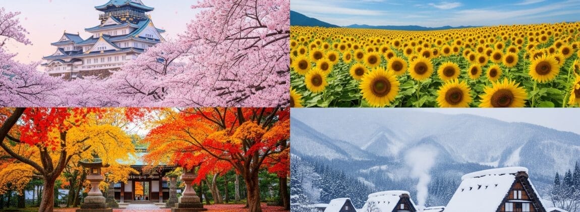 桜と日本の城、ひまわり畑、紅葉の寺、冬の雪景色の中の伝統的な家屋を描いたコラージュ。.